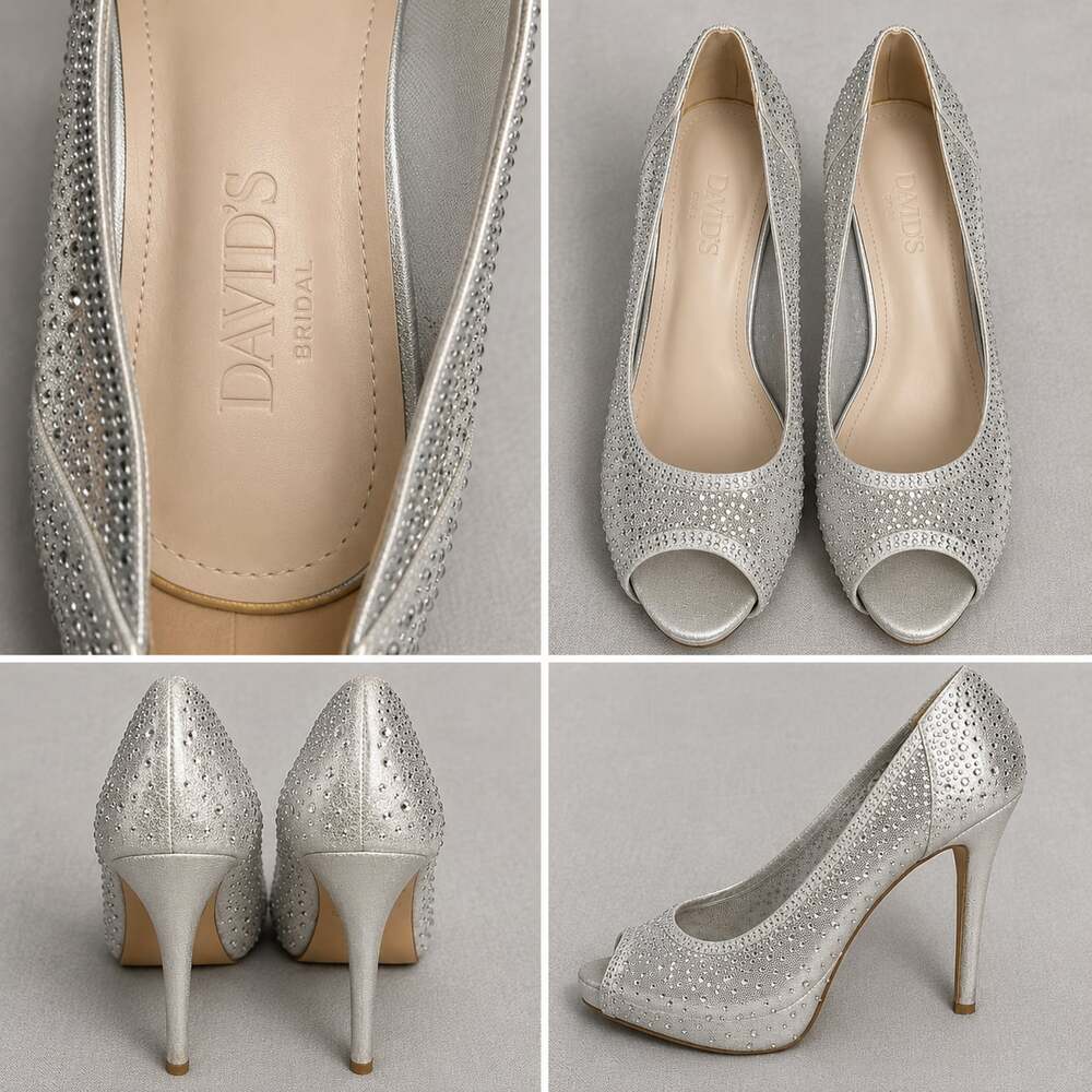 David's Bridal Silver Crystal-Embellished Peep Toe Stiletto Pumps